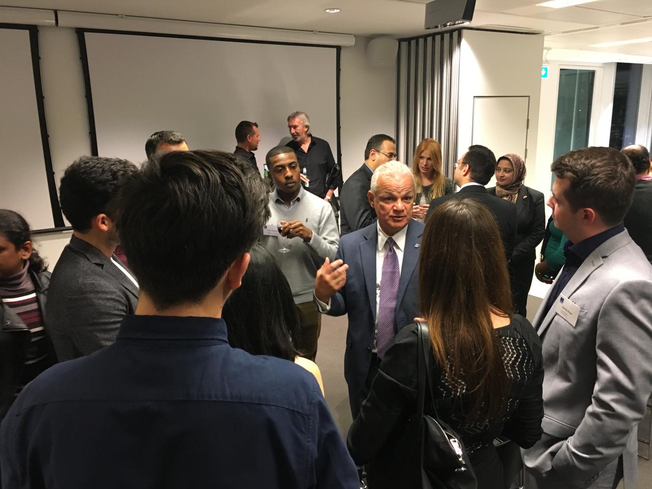NASA Acting Chief Technologist Douglas Terrier presents on strategic leadership to students and faculty at the Warwick Business School at The Shard during his trip to London in September 27, 2017.